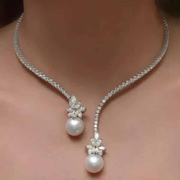 1+1 Offer: Elegant shiny necklace with pearls made of silver + Emerald Cut White Sapphire Bracelet - Image 3