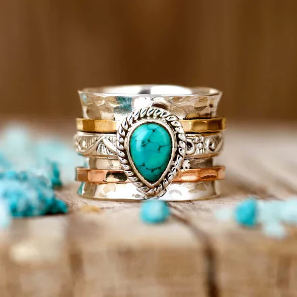 1+1 Offer: Vintage Turquoise Inlaid Stone Gold & Silver Ring + Mediterranean Tears – Turquoise Stone Stud Earrings - Image 3