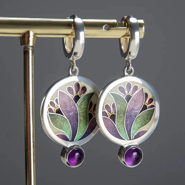 Boho earrings with purple crystals made of silver