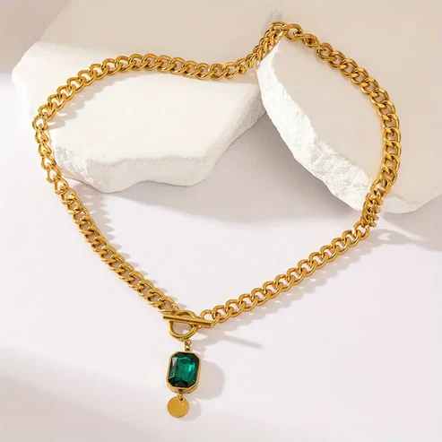 Chunky Chain Emerald Pendant Necklace - Image 3