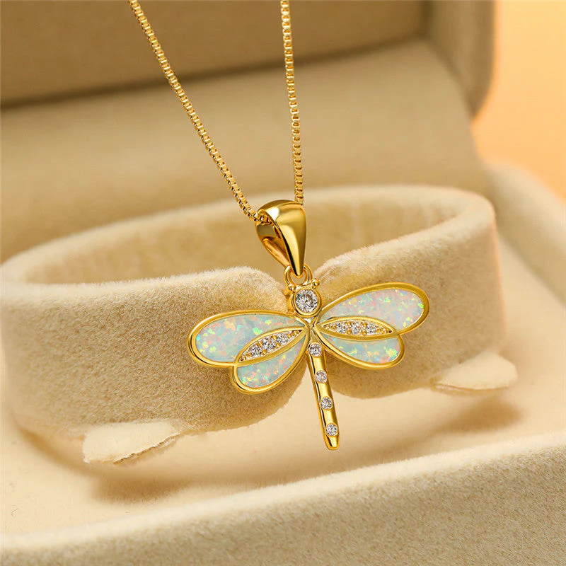Dragonfly Necklace in Gold with Opal - Image 2