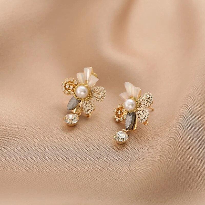 Floral Pendant Earrings with Pearls in Gold - Image 2