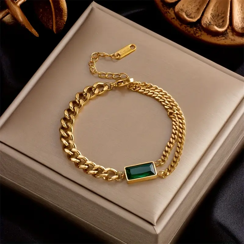 Gold Emerald Bar Chain Bracelet