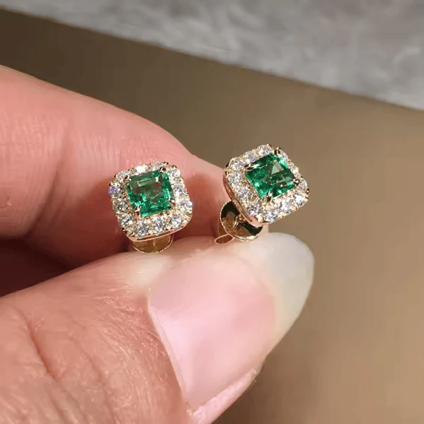 Gold Emerald Square Halo Stud Earrings - Image 2