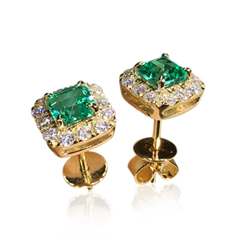 Gold Emerald Square Halo Stud Earrings - Image 3