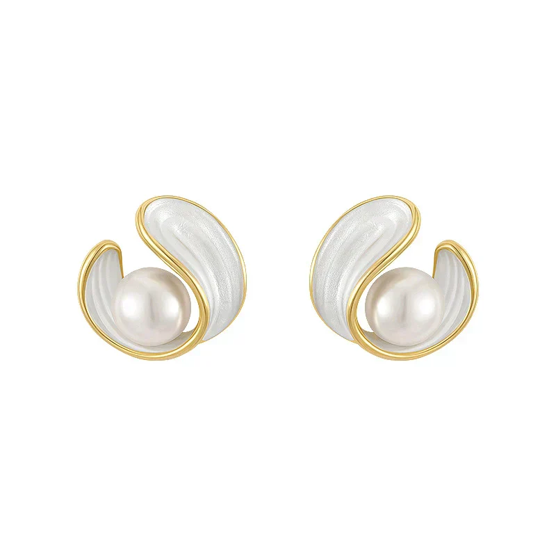 Gold Swirl Pearl Stud Earrings - Image 2