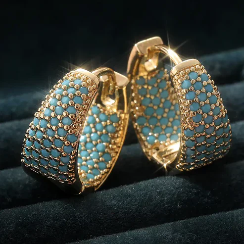Golden-Tone Turquoise Beaded Hoop Earrings
