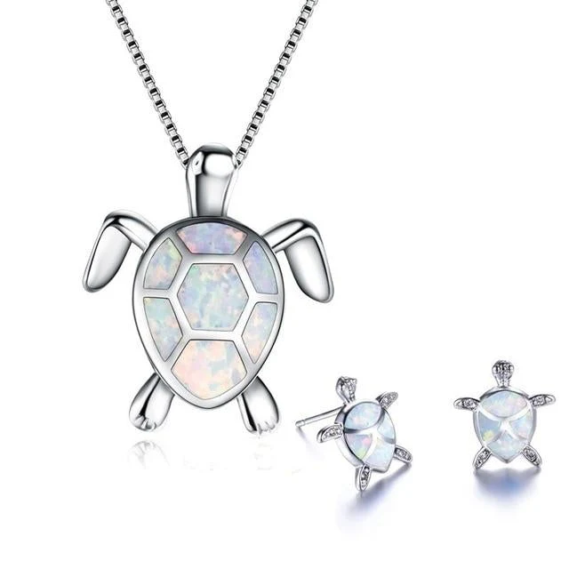 Sea Turtle Necklace + Earrings Set in Opal and Silver - Image 7
