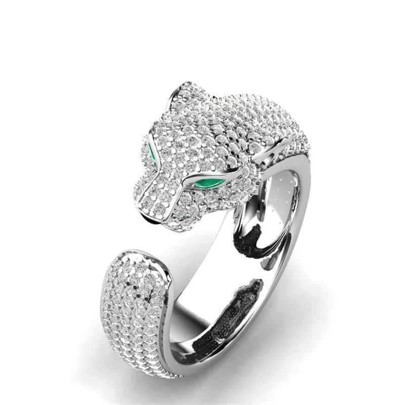 Adjustable Jaguar Ring made of 18K Silver and 18K Rose Gold with Green Zirconia Eyes - Image 2