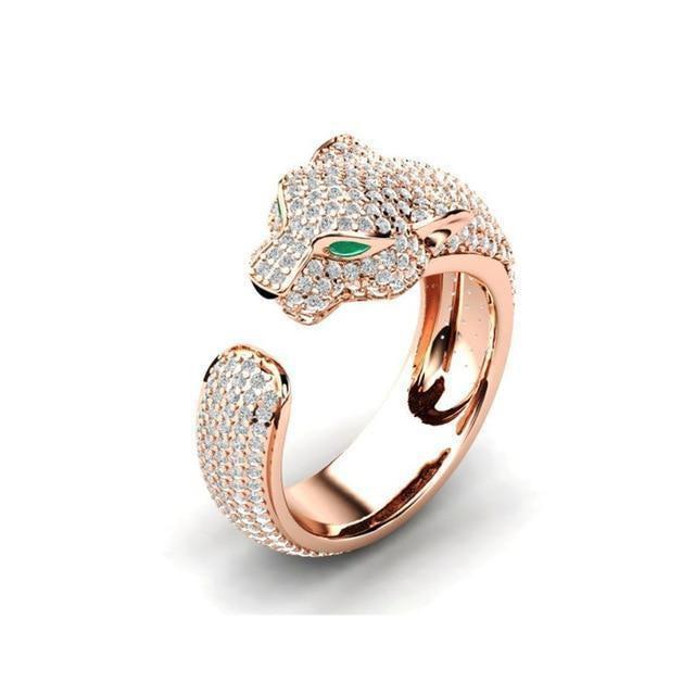 Adjustable Jaguar Ring made of 18K Silver and 18K Rose Gold with Green Zirconia Eyes - Image 3