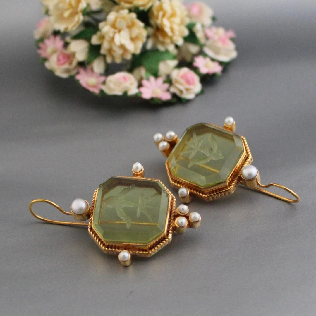 Vintage Green & Pearl Earrings - Image 2